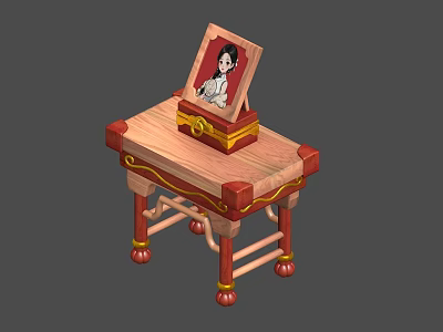 Ornate Wooden Side Table With Photo Frame And Red Gold Decorative Accents 3d model