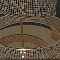 Artistic Installation Spiral Structure with Star Top Illuminated Rings and Golden Spheres