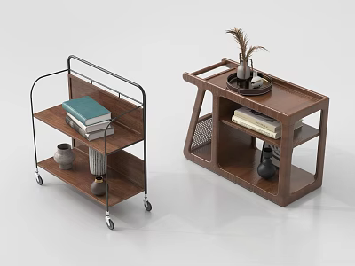 Modern Wooden Side Tables with Storage Shelves Metal Frame and Decorative Plants 3d model