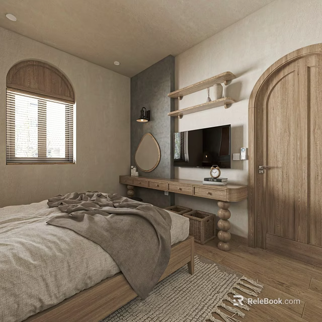 Cozy Hotel Room Interior With Wooden Vanity Mirror TV Arched Door Window and Bed 3d model 