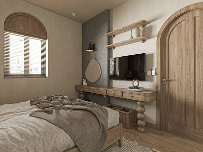 Cozy Hotel Room Interior With Wooden Vanity Mirror TV Arched Door Window and Bed 3d model