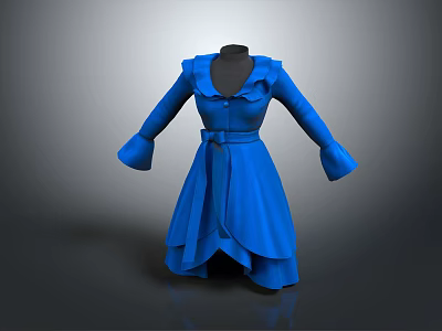 Blue Long Sleeve Dress With Ruffled Collar Belted Waist And Layered Skirt Design 3d model