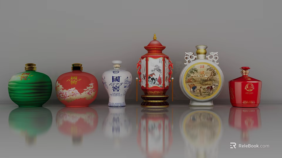 Various Decorative Wine Bottles With Chinese Artwork And Colorful Patterns On Smooth Surface 3d model 