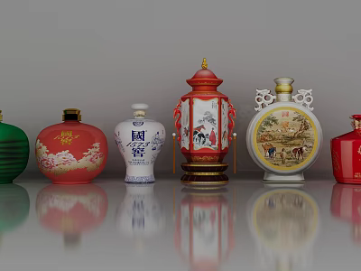 Various Decorative Wine Bottles With Chinese Artwork And Colorful Patterns On Smooth Surface 3d model