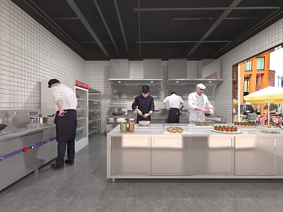 Commercial Kitchen Setting With Chefs Preparing Food On Stainless Steel Counter And Tile Walls 3d model