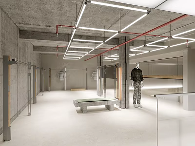 Modern Clothing Store Interior With Metal Racks Mannequin Bench And LED Lighting 3d model