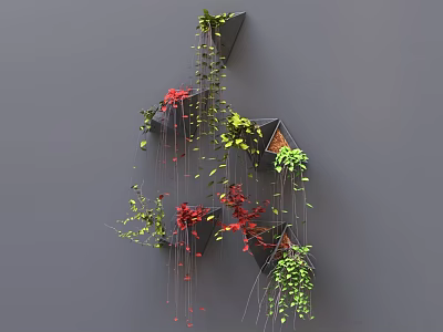 Hanging Planters with Geometric Shapes and Red Green Foliage on Gray Background Modern Decor 3d model
