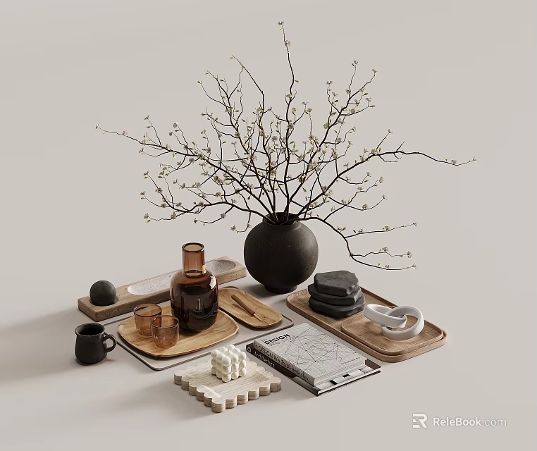 Stylish Decorative Ornament Collection with Vase Twigs Wooden Tray Cup and Books for Home Decor 3d model 