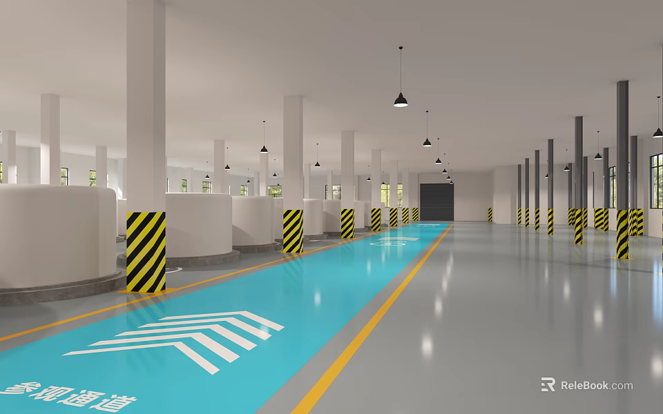 Spacious Office Corridor With Blue Floor Yellow Lines Black And White Striped Pillars Hanging Lights 3d model 