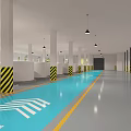 Spacious Office Corridor With Blue Floor Yellow Lines Black And White Striped Pillars Hanging Lights
