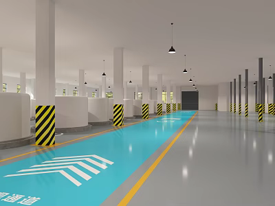 Spacious Office Corridor With Blue Floor Yellow Lines Black And White Striped Pillars Hanging Lights 3d model