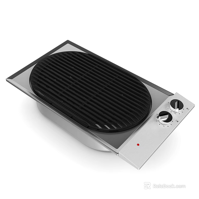 Modern Electric Kitchen Grill with Silver Body Black Grate and Knob Controls 3d model 