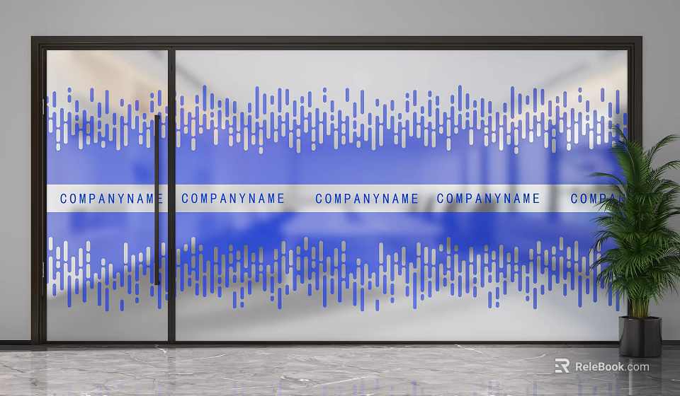 Modern Office Glass Partition With Blue Pattern Company Name And Indoor Plant 3d model 