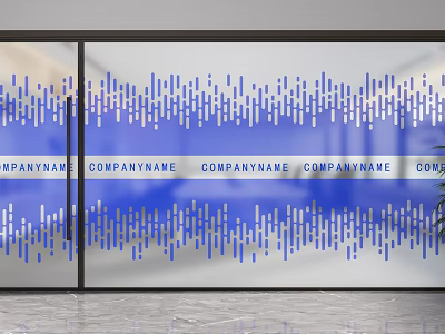 Modern Office Glass Partition With Blue Pattern Company Name And Indoor Plant 3d model