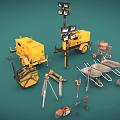 Yellow Heavy Duty Construction Equipment Including Concrete Mixers Wheelbarrows And Road Lights