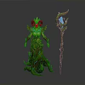 Horned Nature Guardian Creature Design With Plant Like Body And Blue Glowing Vine Staff