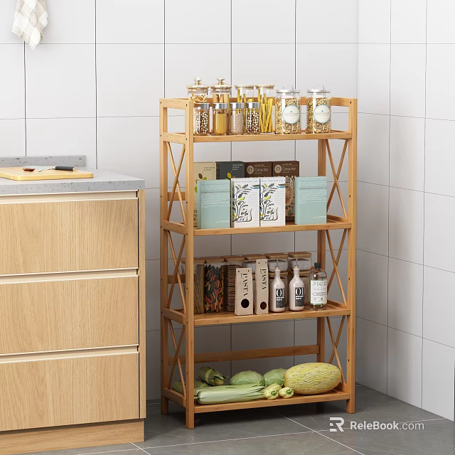 Multi tiered Wooden Kitchen Storage Shelf with Jars Boxes Bottles Vegetables Cabinets White Tile Wall 3d model 