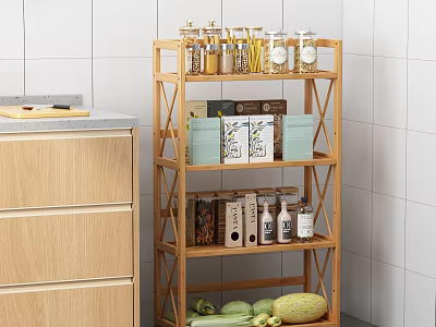 Multi tiered Wooden Kitchen Storage Shelf with Jars Boxes Bottles Vegetables Cabinets White Tile Wall 3d model