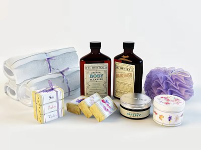 Stylish Bathroom Accessories with White Towels Body Wash Soap Bars and Purple Bath Sponge 3d model