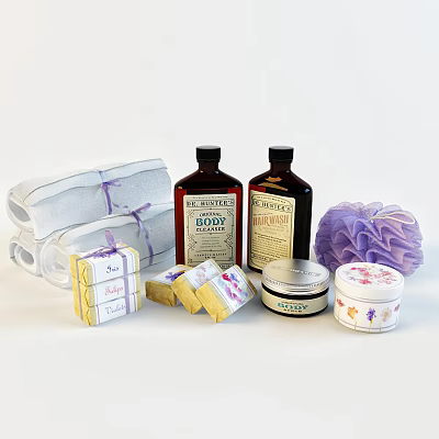 Stylish Bathroom Accessories with White Towels Body Wash Soap Bars and Purple Bath Sponge 3d model