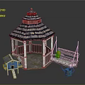 Detailed Miniature Garden Scene With Gazebo Small House Swing And Watering Can
