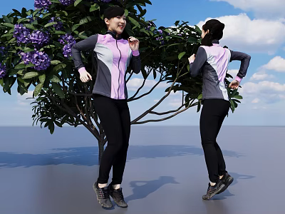 Women in Purple and Gray Sportswear Exercising by Purple Flowering Tree Under Blue Sky 3d model