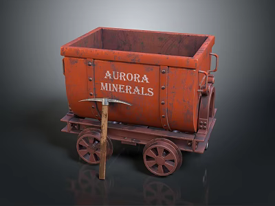 Rusty Red Mining Cart With Aurora Minerals Text Wheels And Wooden Stick 3d model