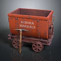 Rusty Red Mining Cart With Aurora Minerals Text Wheels And Wooden Stick