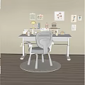 White Desk And Chair With Grey Cushion In Study Area With Lamp Books Wall Art