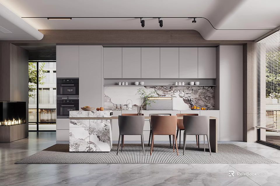 Modern Restaurant Kitchen Interior With Cabinets Marble Island Chairs And Lighting 3d model 