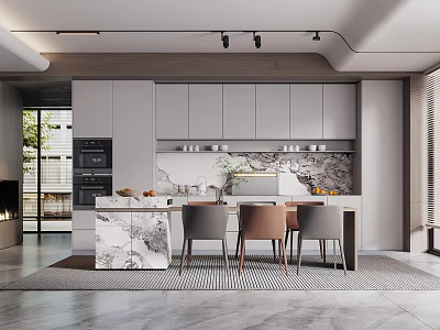 Modern Restaurant Kitchen Interior With Cabinets Marble Island Chairs And Lighting 3d model