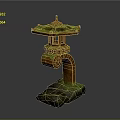 Traditional Japanese Stone Lantern With Moss Covered Top Ornate Carvings And Stone Base