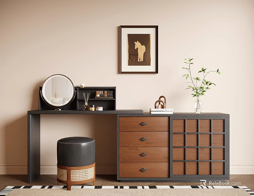 Stylish Black Brown Dressing Table With Round Mirror Drawers Grid Panels And Green Plant 3d model 