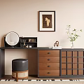 Stylish Black Brown Dressing Table With Round Mirror Drawers Grid Panels And Green Plant