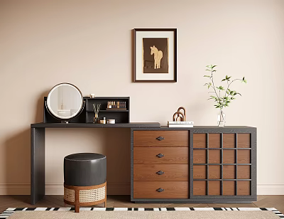 Stylish Black Brown Dressing Table With Round Mirror Drawers Grid Panels And Green Plant 3d model
