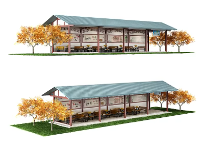 Traditional Roofed Public Rest Facility With Outdoor Tables Chairs Yellow Trees And Green Grass 3d model