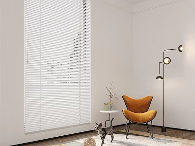 White Window Blinds In Modern Living Room With Orange Chair Floor Lamp And Side Table 3d model