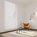 White Window Blinds In Modern Living Room With Orange Chair Floor Lamp And Side Table