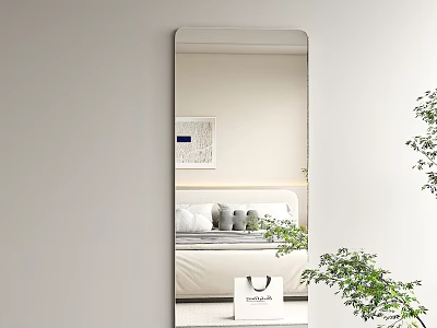 Rectangular Full Length Mirror Reflecting Bedroom Bed Pillows Wall Art Green Plant White Shopping Bag 3d model