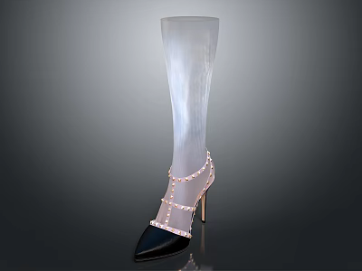 Transparent Stocking With Black Pointed High Heels And Pink Decorative Straps 3d model