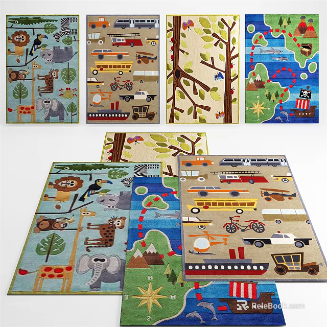 Playful Square Rugs With Animal Vehicle And Tree Patterns For Kids Room 3d model 
