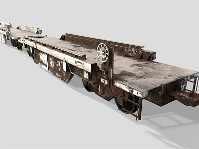 Row of Abandoned Rusty Flatbed Train Carriages With Weathered Metal Surface And Wheels 3d model