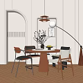 Elegant Restaurant Dining Area With Round Wooden Table Mixed Chairs And Decorative Lighting Shelf