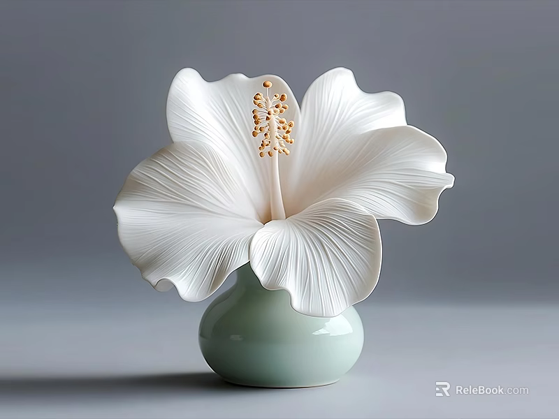 White Petal Ceramic Flower Vase With Golden Stamen And Light Green Base 3d model 