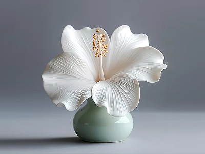 White Petal Ceramic Flower Vase With Golden Stamen And Light Green Base 3d model