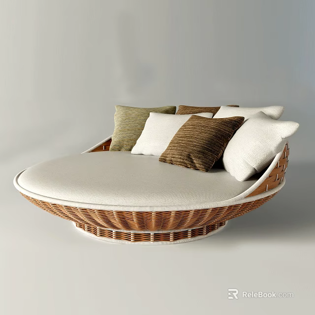Modern Round Bed With Wicker Frame White Mattress And Multiple Brown Beige White Pillows 3d model 