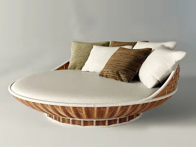 Modern Round Bed With Wicker Frame White Mattress And Multiple Brown Beige White Pillows 3d model