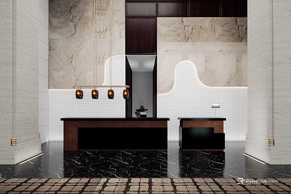Modern Reception Desk Design With Dark Wood Finish Marble Wall And Hanging Lights 3d model 