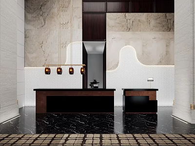 Modern Reception Desk Design With Dark Wood Finish Marble Wall And Hanging Lights 3d model