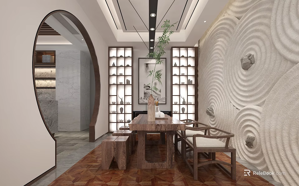 Traditional Chinese Tea House Interior With Wooden Furniture 3d model 